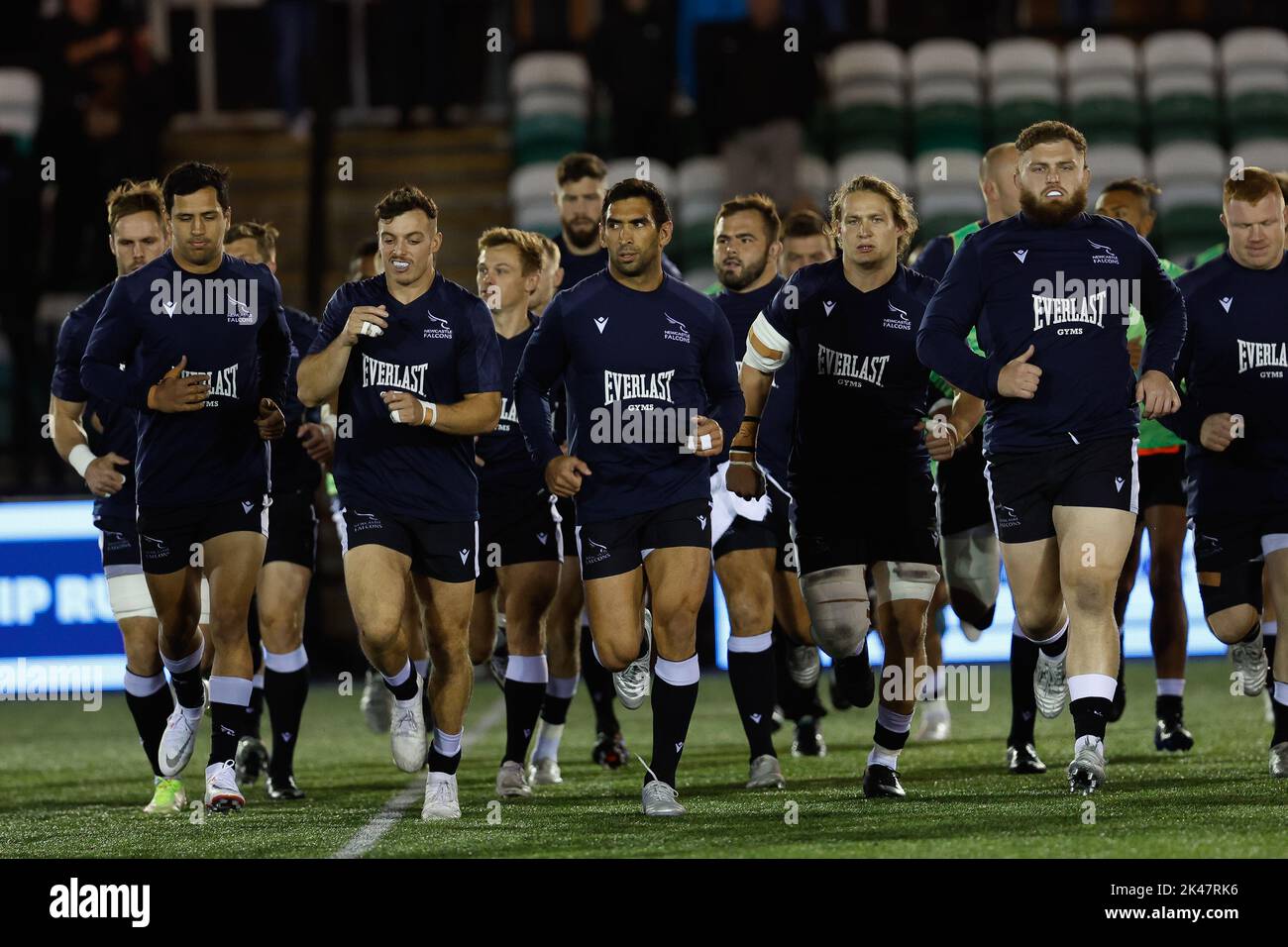 Newcastle, UK. 10th Sep, 2022. Falcons players start their warm up for the Gallagher Premiership match between Newcastle Falcons and Bristol at Kingston Park, Newcastle on Friday 30th September 2022. (Credit: Chris Lishman | MI News) Credit: MI News & Sport /Alamy Live News Stock Photo