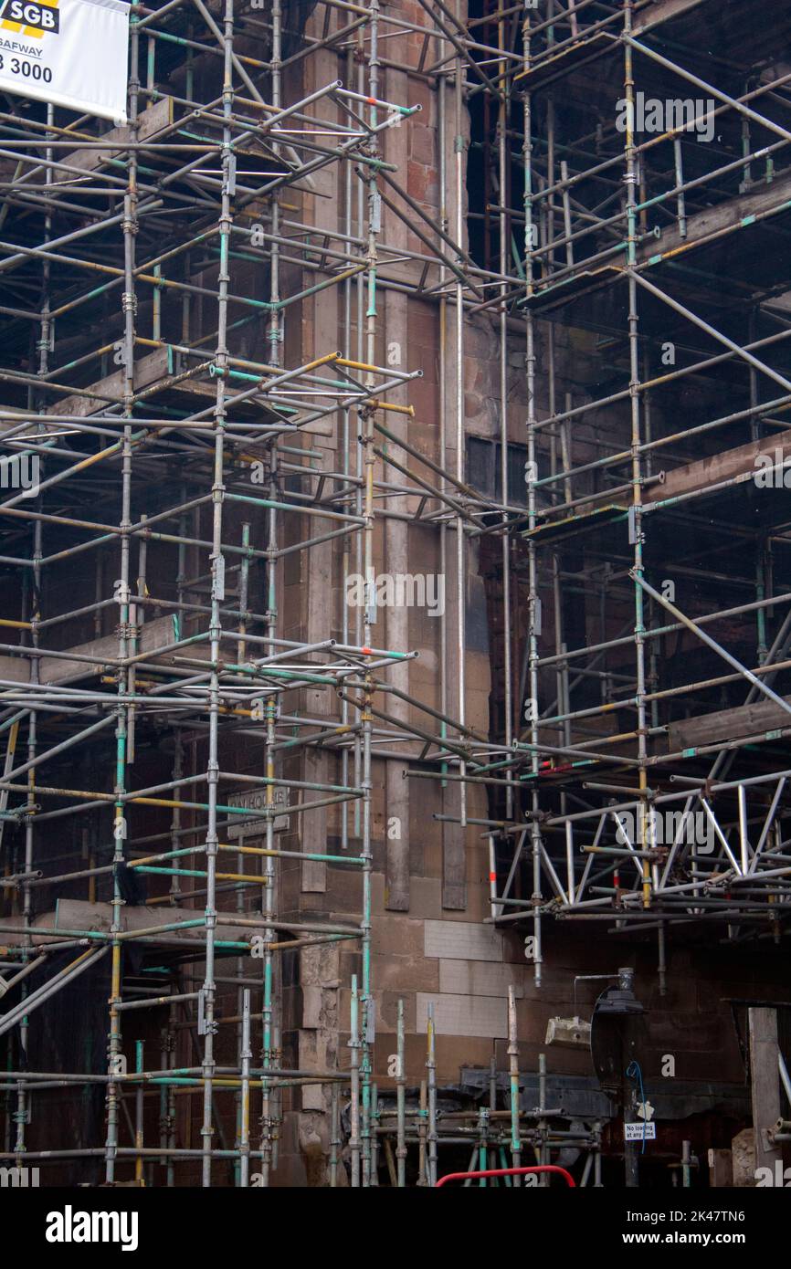 Scaffolding on the fire damaged structure of the Glasgow School of Art's Mackintosh building Glasgow School of Art, Glasgow, Scotland UK Stock Photo
