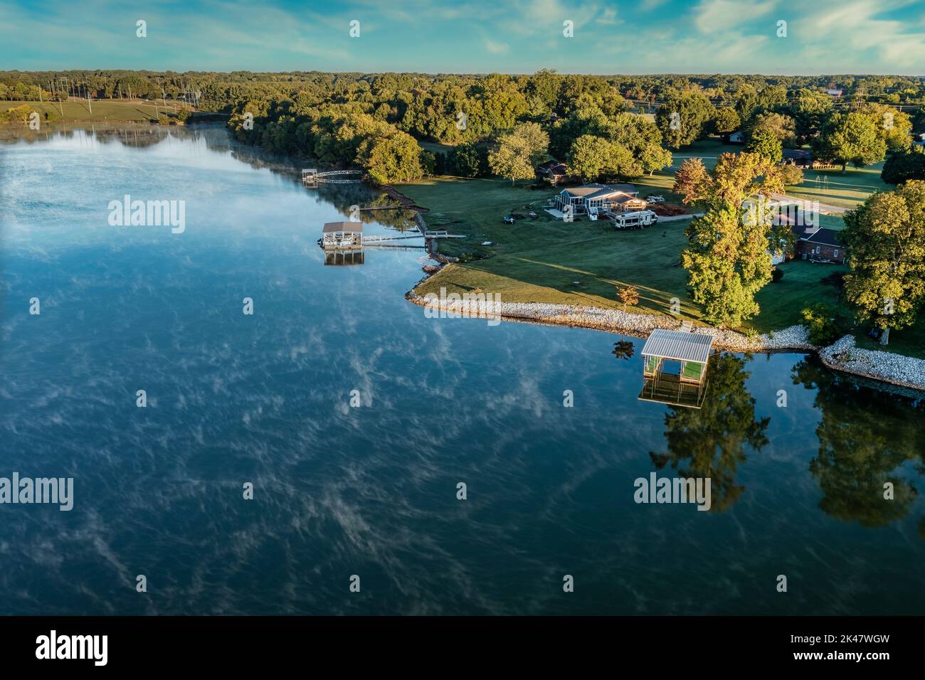 Aerial view of lake homes and boat houses on beautiful Tims Ford Lake