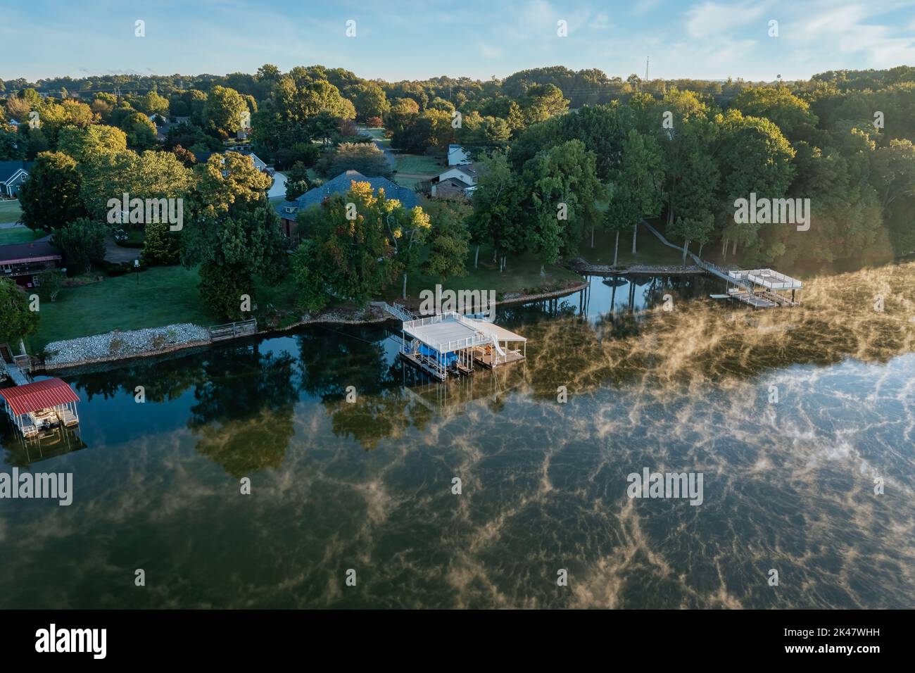 Aerial view of lake homes and boat houses on beautiful Tims Ford Lake