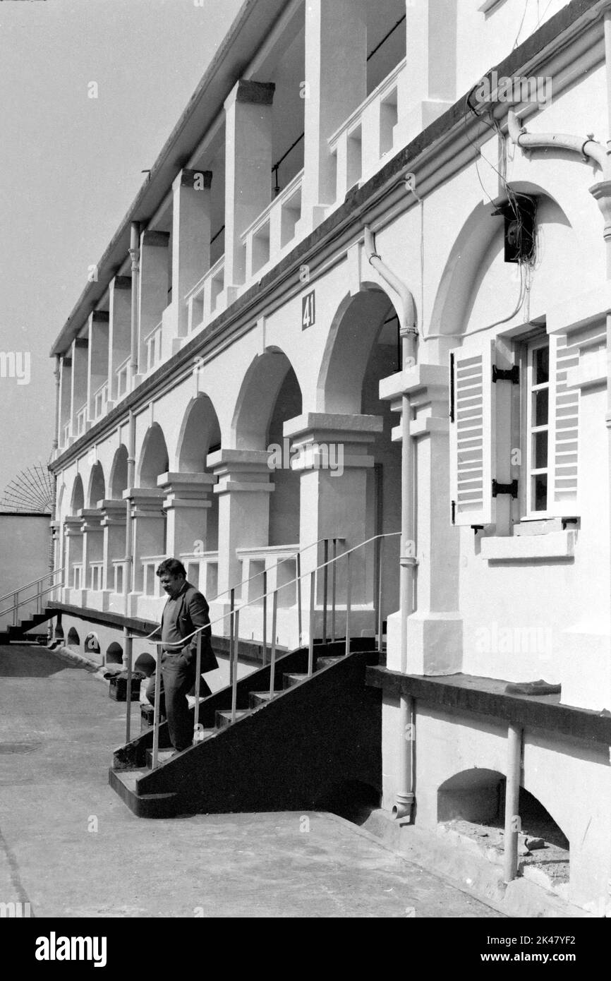 Colonia-era building, offices of Royal Army Ordnance Corps, Block 41, Stonecutters Island, Victoria Harbour, Hong Kong 1984 Stock Photo