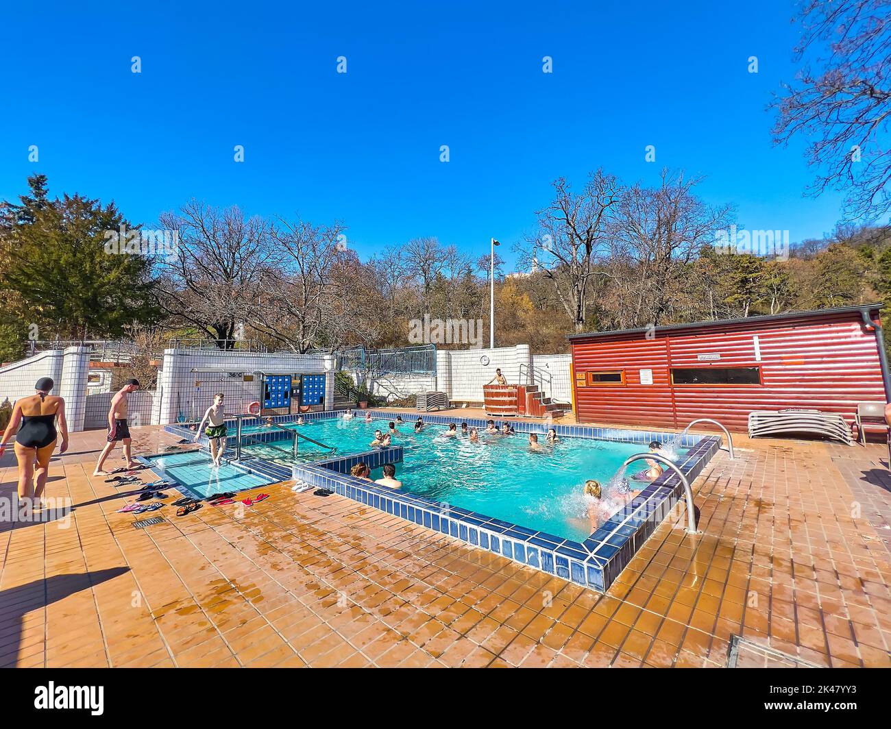 BUDAPEST, HUNGARY FEB 24, 2022 The open air court of Gellert Thermal