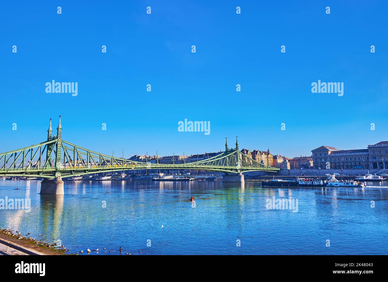 Historic green Art Nouveau Liberty Bridge across Danube River with a view on the Corvin University on the opposite bank, Budapest, Hungary Stock Photo