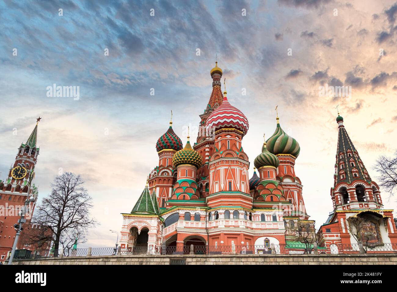 St Basil's Cathedral on Red Square with dramatic sunset sky. St Basil`s ...