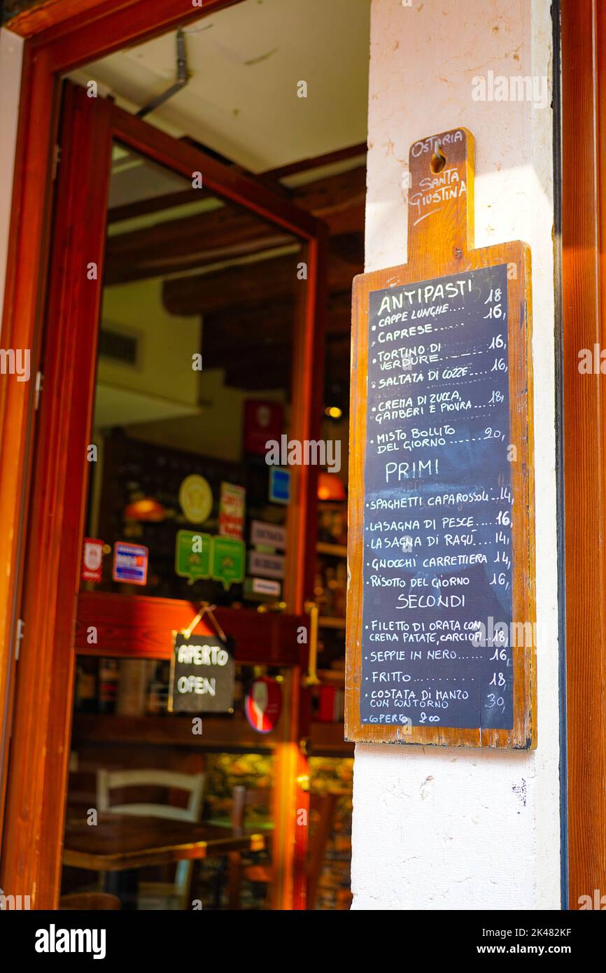 A blackboard menu outside a restaruant in Venice, Italy Stock Photo