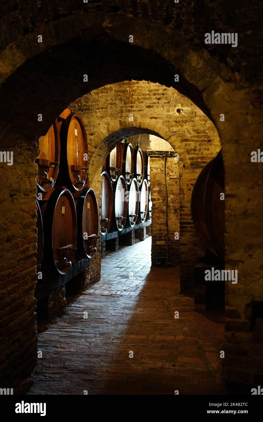 An underground wine cellar in Montepulciano, Tuscany, Italy Stock Photo