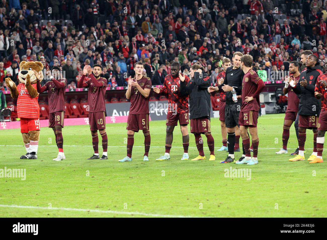 MUNICH, Germany. , . #1, Manuel Neuer, #2, Dayot Upamecano, #4, Matthijs De Ligt, #5, Benjamin Pavard, #6, Joshua Kimmich, #8, Leon GORETZKA, #10, Leroy SANE, #17, Sadio Mané, #19, Alphonso DAVIES, #25, Thomas MUELLER, Müller, #42, Jamal Musiala, during the Bundesliga Football match between Fc Bayern Muenchen and Bayer 04 Leverkusen at the Allianz Arena in Munich on 30. September, 2022, Germany. DFL, Fussball, 4:0 (Photo and copyright @ ATP images/Arthur THILL (THILL Arthur/ATP/SPP) Credit: SPP Sport Press Photo. /Alamy Live News Stock Photo