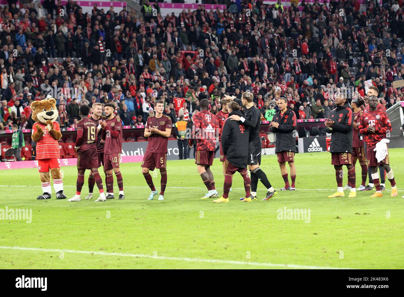 MUNICH, Germany. , . #1, Manuel Neuer, #2, Dayot Upamecano, #4, Matthijs De Ligt, #5, Benjamin Pavard, #6, Joshua Kimmich, #8, Leon GORETZKA, #10, Leroy SANE, #17, Sadio Mané, #19, Alphonso DAVIES, #25, Thomas MUELLER, Müller, #42, Jamal Musiala, during the Bundesliga Football match between Fc Bayern Muenchen and Bayer 04 Leverkusen at the Allianz Arena in Munich on 30. September, 2022, Germany. DFL, Fussball, 4:0 (Photo and copyright @ ATP images/Arthur THILL (THILL Arthur/ATP/SPP) Credit: SPP Sport Press Photo. /Alamy Live News Stock Photo