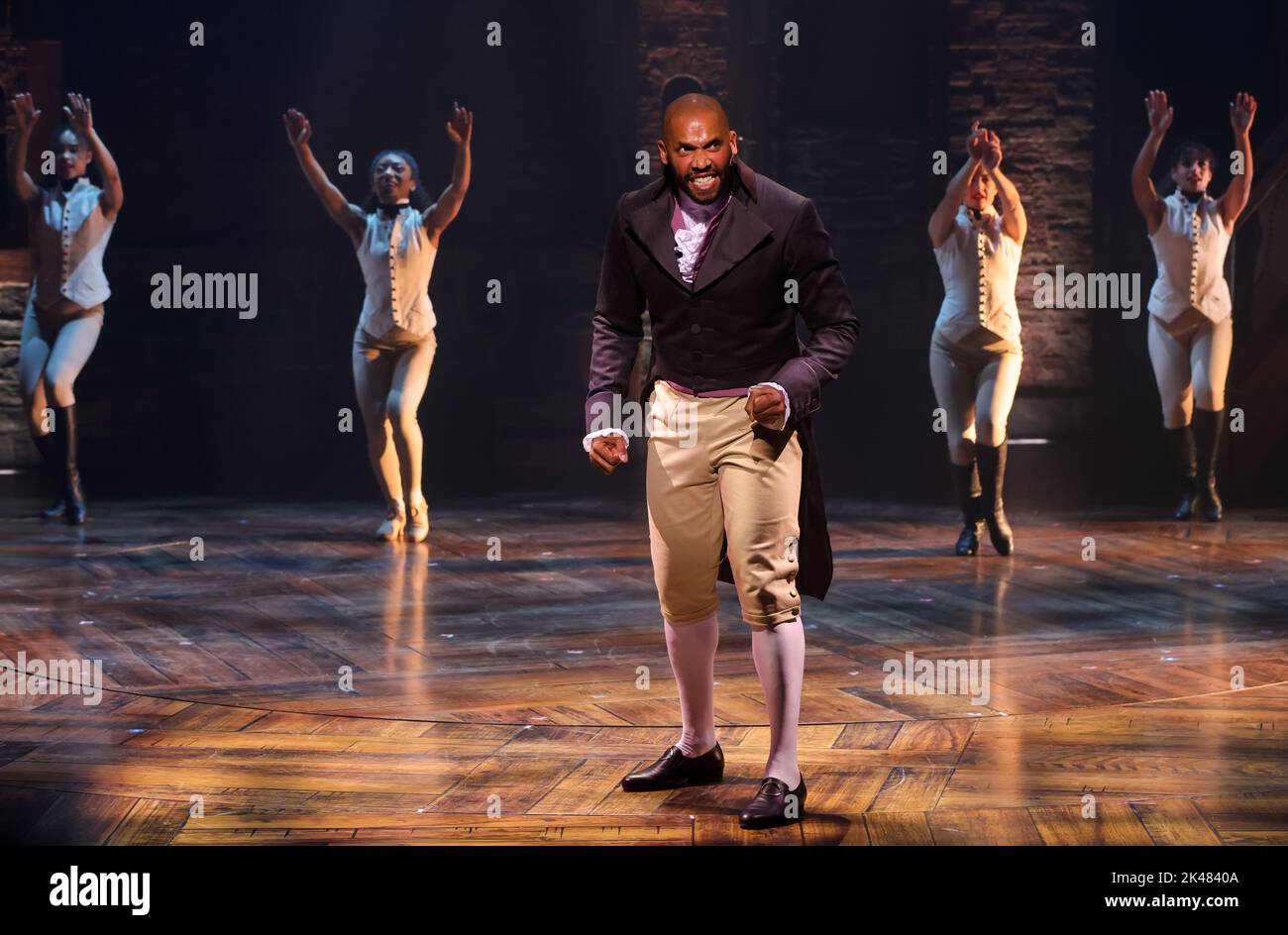 Hamburg Germany. 30th Sep 2022. Gino Emnes as Aaron Burr and several dancers perform scenes from the musical Hamilton during a press screening at Operettenhaus Hamburg. The musical production about th...