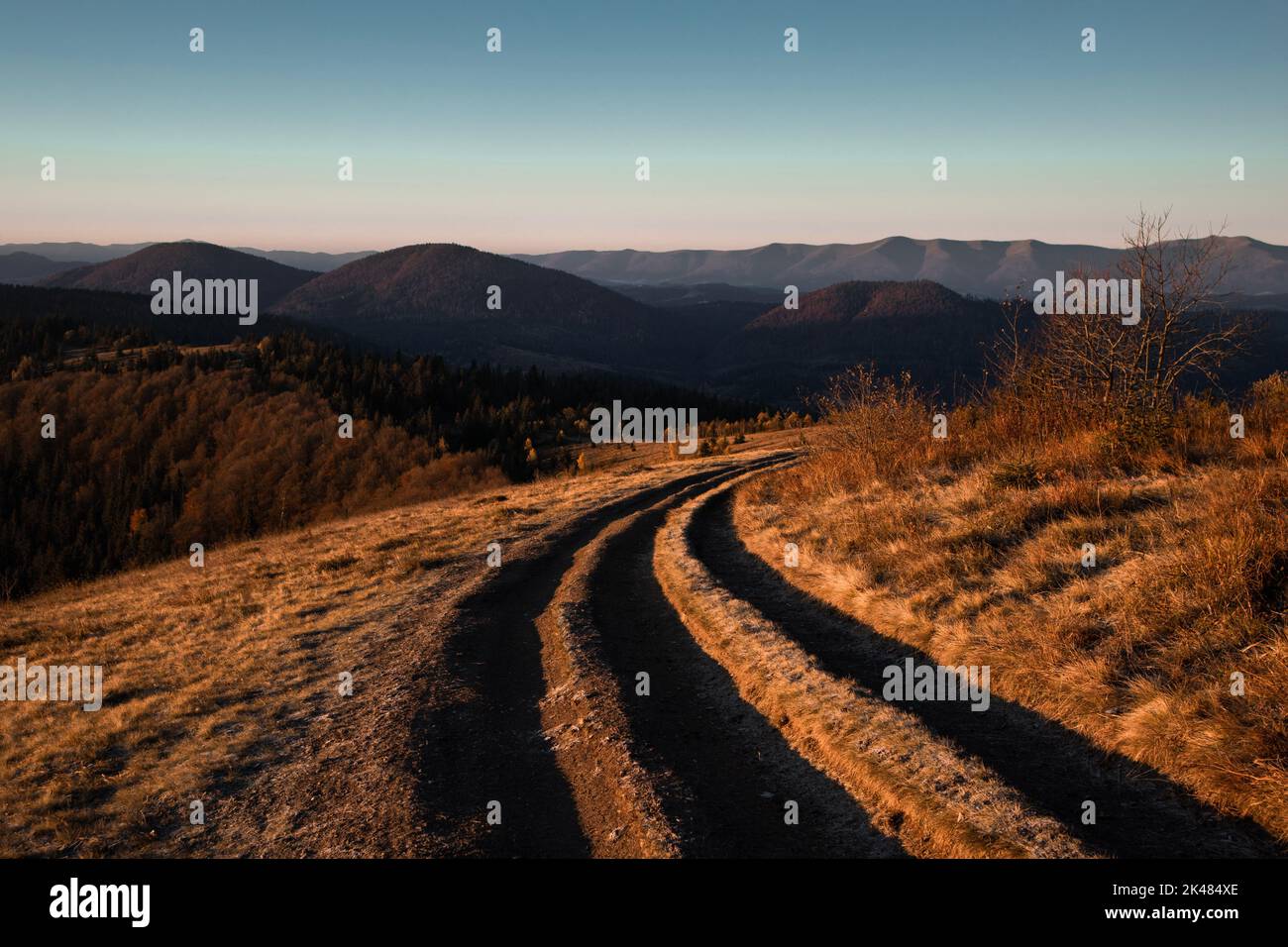 Mountain range. Autumn landscape in the morning with big road.  Stock Photo