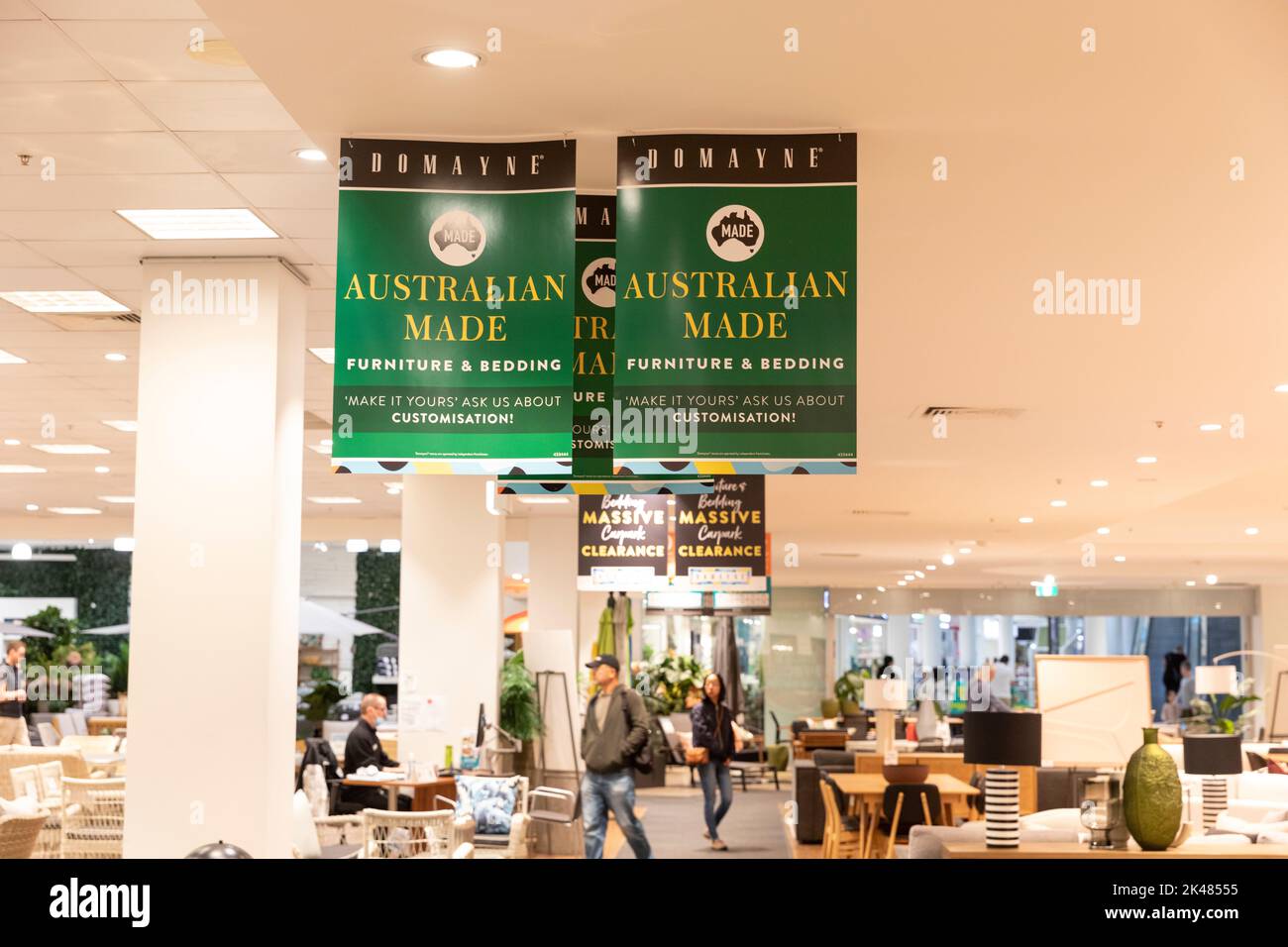 Domayne Harvey Normal furniture and bedding store, sign hanging from ceiling promotes australian made bedding and furniture,Sydney,NSW,Australia Stock Photo