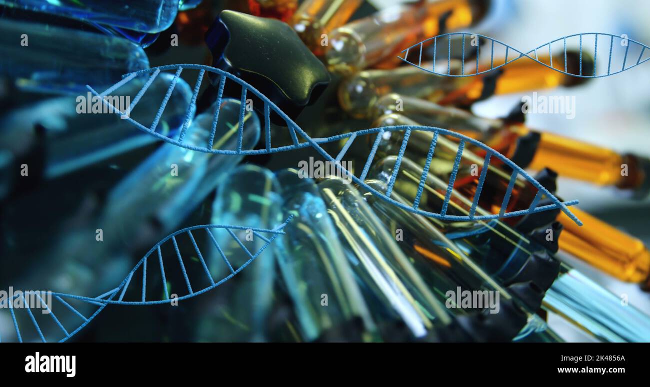 Multiple dna structures spinning against multiple test tubes in