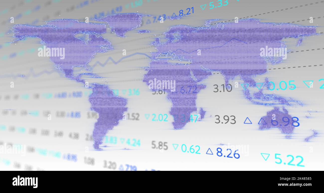 Image of interference over world map and stock market. technology, computing and digital interface concept digitally generated image. Stock Photo
