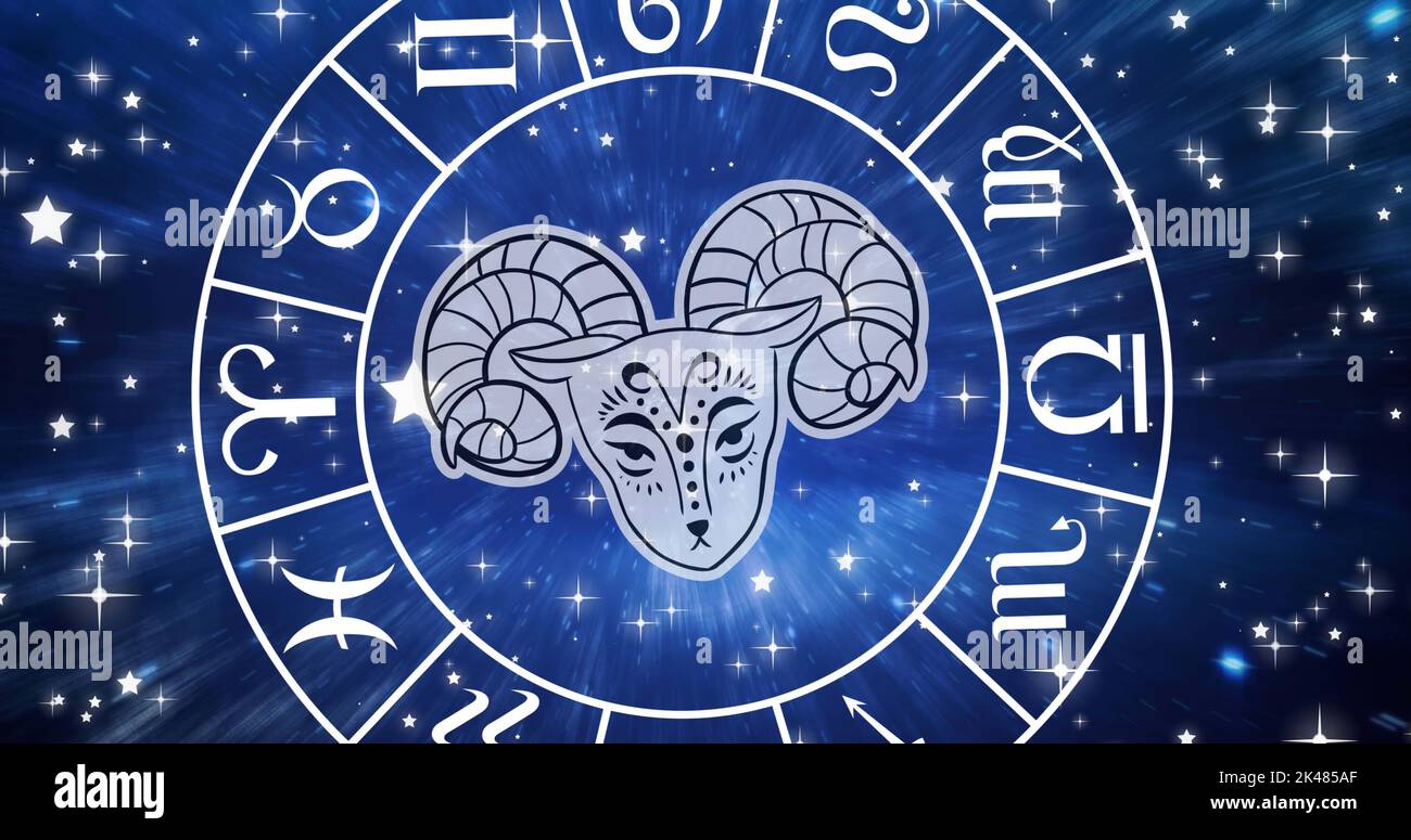 Image of aries star sign symbol in spinning horoscope wheel over ...