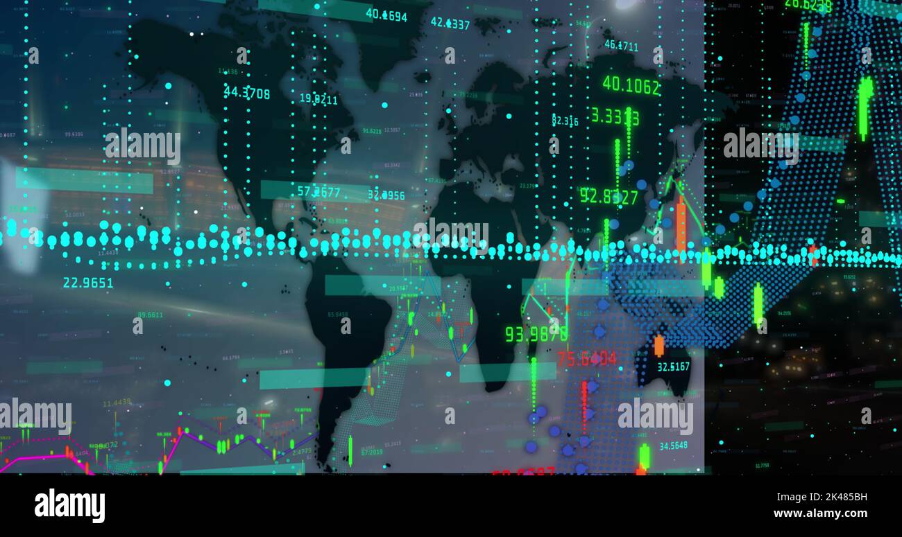Financial data processing over world map against night city traffic ...