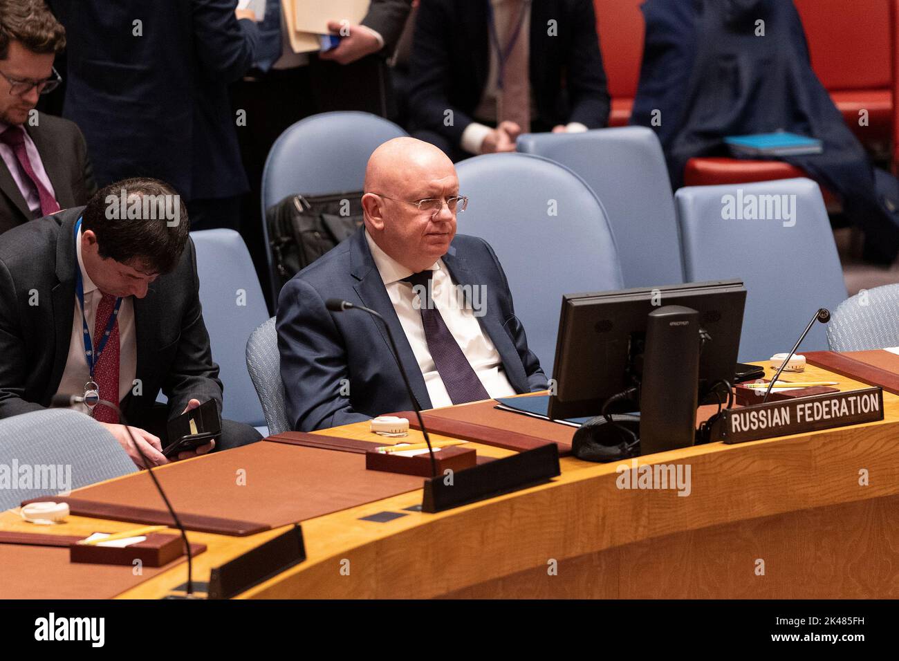 New York, United States. 01st Oct, 2022. Ambassador of Russian Federation Vassily Nebenzia attends Security Council meeting to vote on joint resolution to condemn Russian on annexation in UN Headquarters. The Security Council voted on a joint draft resolution condemning annexation by Russia of Ukrainian territory sized in the past 7 months of the war. 4 countries (China, Gabon, Brazil, India) abstained, Russia vetoed the resolution and the rest of SC members voted for. (Photo by Lev Radin/Pacific Press) Credit: Pacific Press Media Production Corp./Alamy Live News Stock Photo