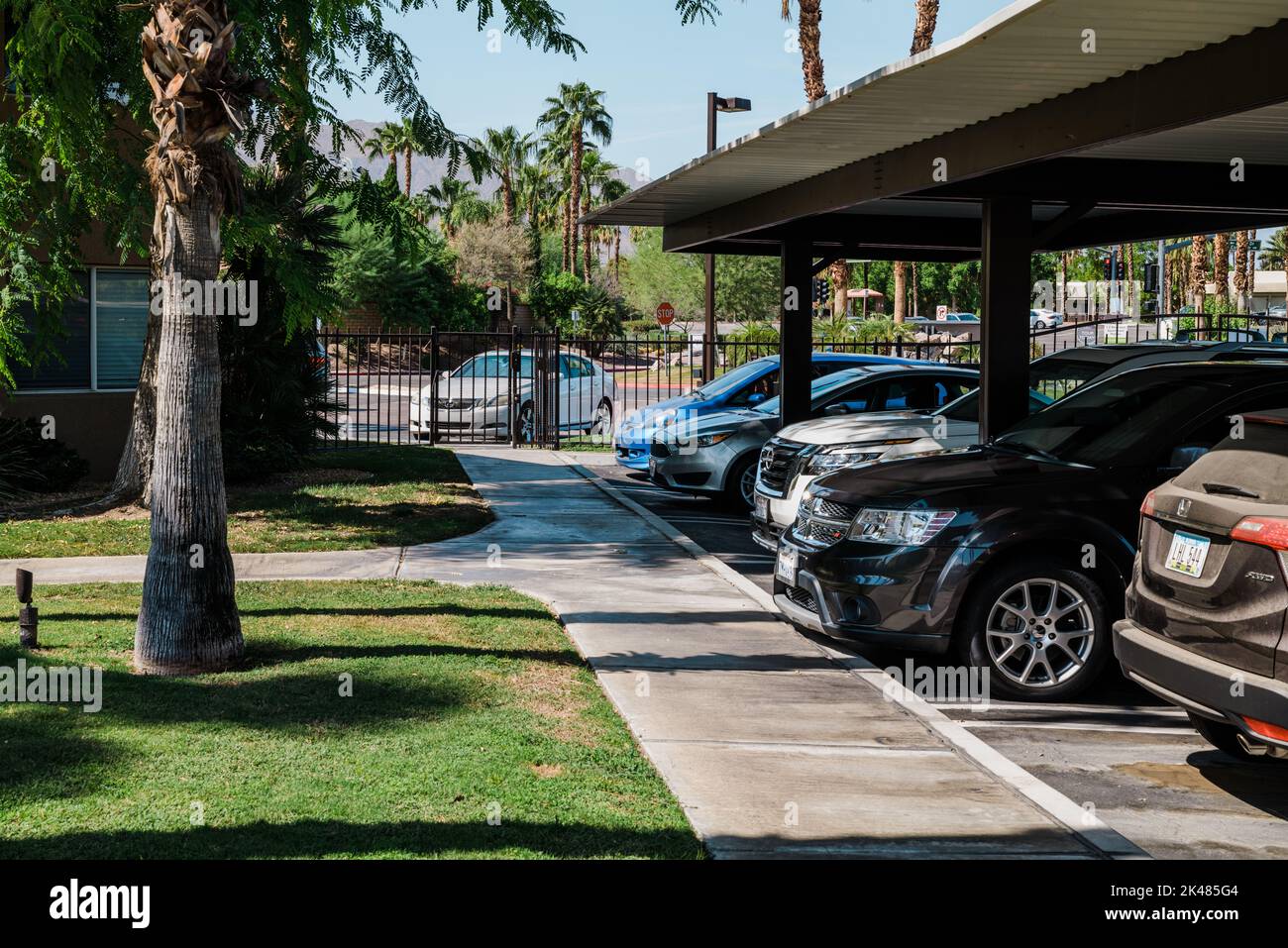 Covered parking structure, modern apartment building, Palm Springs