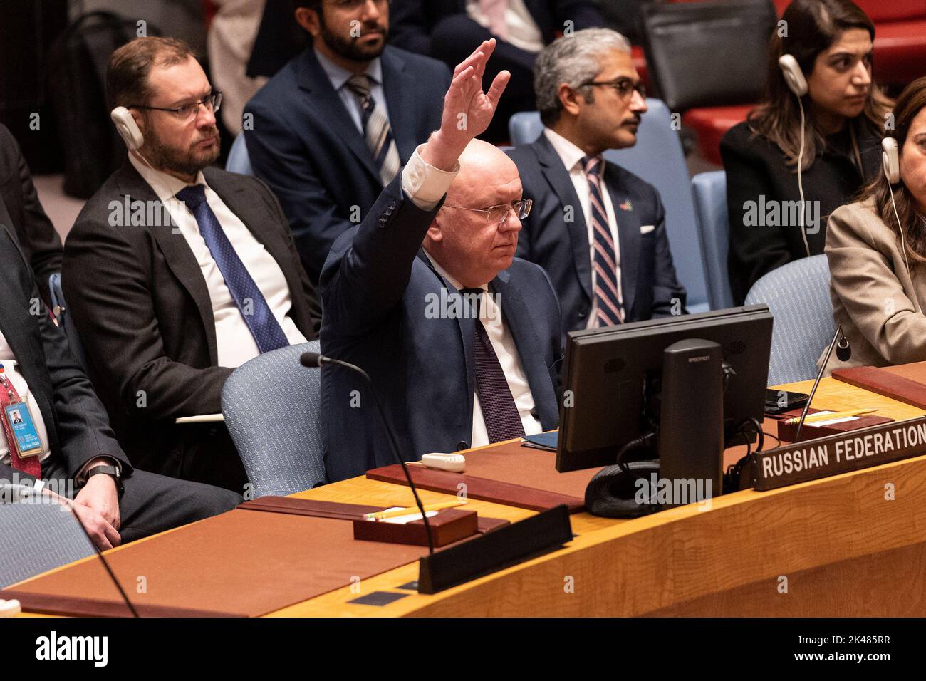 New York, New York, USA. 1st Oct, 2022. Ambassador of Russian Federation Vassily Nebenzia seen voting to veto at Security Council vote on joint resolution to condemn Russian on annexation in UN Headquarters. The Security Council voted on a joint draft resolution condemning annexation by Russia of Ukrainian territory sized in the past 7 months of the war. 4 countries (China, Gabon, Brazil, India) abstained, Russia vetoed the resolution and the rest of SC members voted for. (Credit Image: © Lev Radin/Pacific Press via ZUMA Press Wire) Credit: ZUMA Press, Inc./Alamy Live News Stock Photo