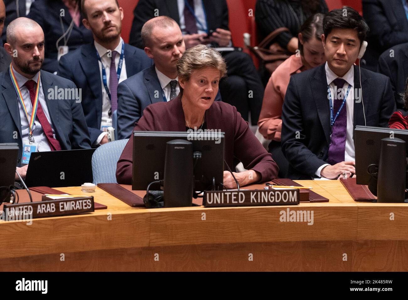 New York, New York, USA. 1st Oct, 2022. Ambassador of United Kingdom Barbara Woodward speaks before Security Council voted on joint resolution to condemn Russian on annexation in UN Headquarters. The Security Council voted on a joint draft resolution condemning annexation by Russia of Ukrainian territory sized in the past 7 months of the war. 4 countries (China, Gabon, Brazil, India) abstained, Russia vetoed the resolution and the rest of SC members voted for. (Credit Image: © Lev Radin/Pacific Press via ZUMA Press Wire) Credit: ZUMA Press, Inc./Alamy Live News Stock Photo