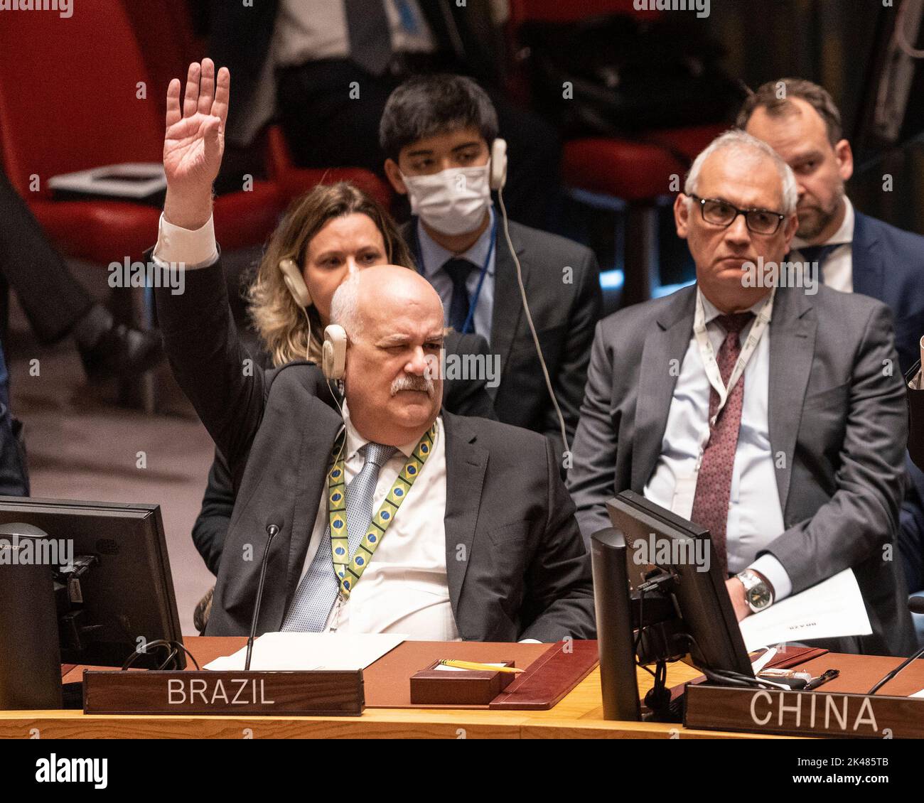New York, New York, USA. 1st Oct, 2022. Ambassador of Brazil seen voting abstain at Security Council vote on joint resolution to condemn Russian on annexation in UN Headquarters. The Security Council voted on a joint draft resolution condemning annexation by Russia of Ukrainian territory sized in the past 7 months of the war. 4 countries (China, Gabon, Brazil, India) abstained, Russia vetoed the resolution and the rest of SC members voted for. (Credit Image: © Lev Radin/Pacific Press via ZUMA Press Wire) Credit: ZUMA Press, Inc./Alamy Live News Stock Photo