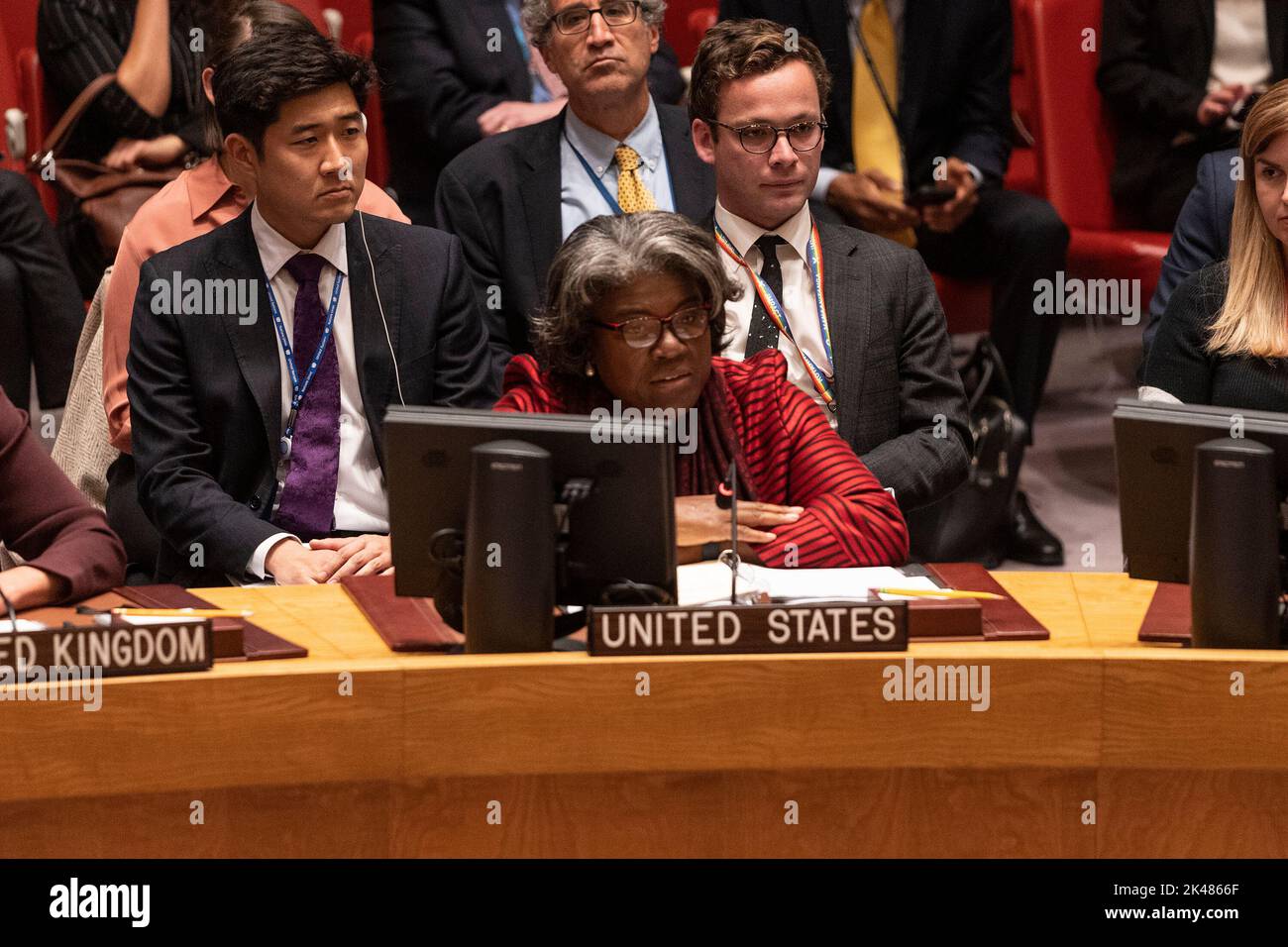 New York, New York, USA. 1st Oct, 2022. Ambassador of United States Linda Thomas-Greenfield speaks before Security Council voted on joint resolution to condemn Russian on annexation in UN Headquarters. The Security Council voted on a joint draft resolution condemning annexation by Russia of Ukrainian territory sized in the past 7 months of the war. 4 countries (China, Gabon, Brazil, India) abstained, Russia vetoed the resolution and the rest of SC members voted for. (Credit Image: © Lev Radin/Pacific Press via ZUMA Press Wire) Credit: ZUMA Press, Inc./Alamy Live News Stock Photo