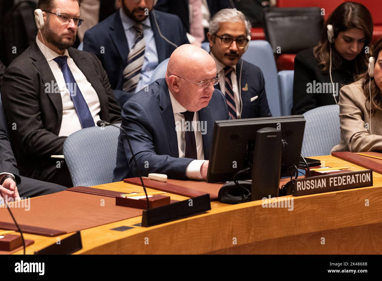 New York, New York, USA. 1st Oct, 2022. Ambassador of Russian Federation vassily Nebenzia speaks before Security Council voted on joint resolution to condemn Russian on annexation in UN Headquarters. The Security Council voted on a joint draft resolution condemning annexation by Russia of Ukrainian territory sized in the past 7 months of the war. 4 countries (China, Gabon, Brazil, India) abstained, Russia vetoed the resolution and the rest of SC members voted for. (Credit Image: © Lev Radin/Pacific Press via ZUMA Press Wire) Credit: ZUMA Press, Inc./Alamy Live News Stock Photo