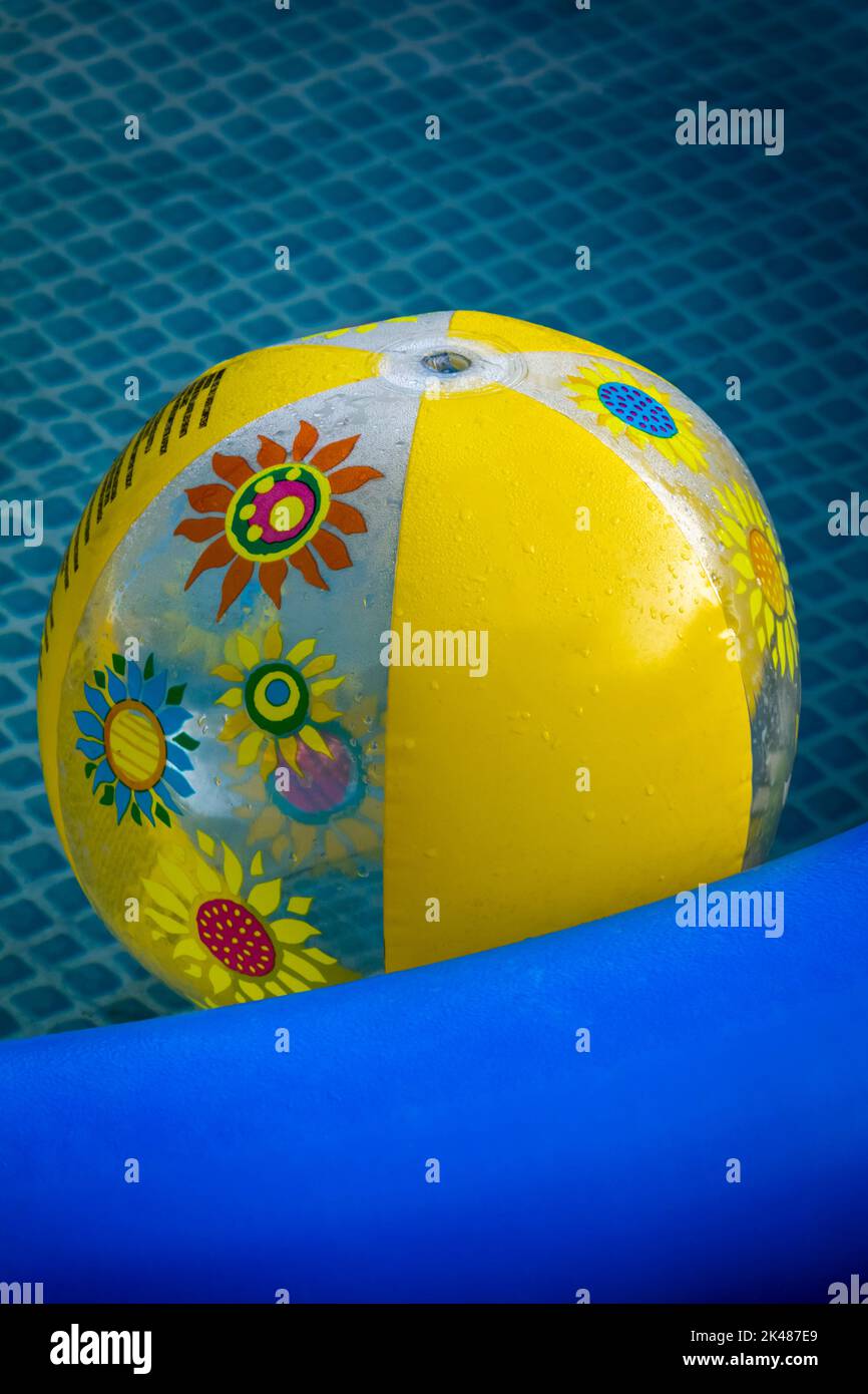 A yellow baby ball floats in a blue inflatable pool in the backyard