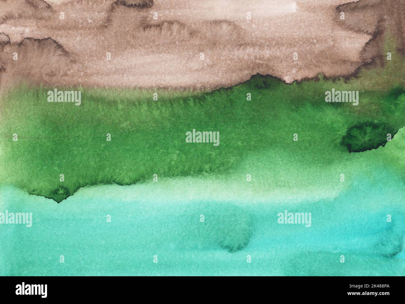 Watercolor blue, green, brown background texture. Abstract multicolored paintind backdrop. Stains on paper. Stock Photo