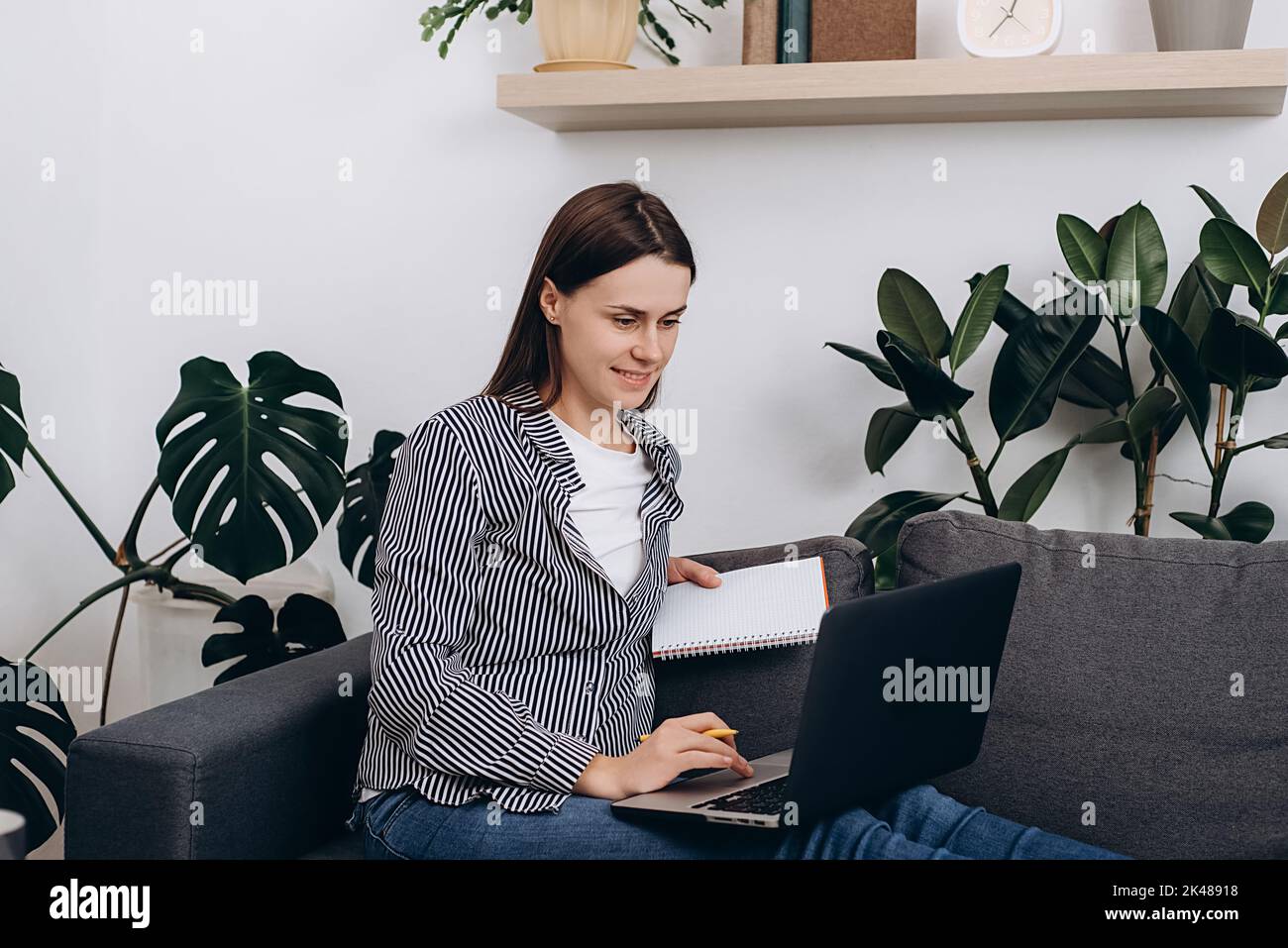 Happy attractive young female sitting on sofa holding using laptop. Smiling brunette girl 20s chatting with friends, working from home online on compu Stock Photo