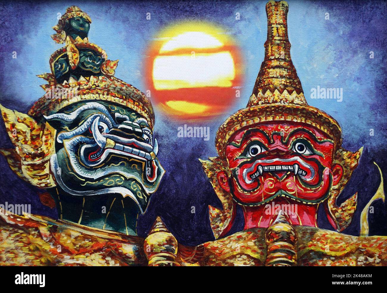art oil painting Grand Palace bangkok Thailand , Ramayana story , Wat phra keaw , giant guardians Stock Photo