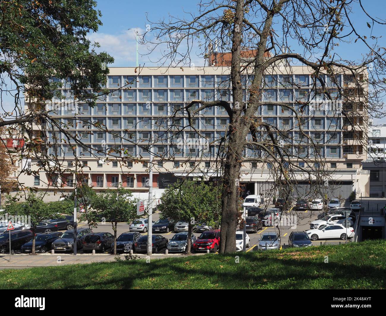 BRNO, CZECH REPUBLIC - CIRCA SEPTEMBER 2022: Hotel Internationl modernist building designed by Ernest Krejza and Milos Kramolise circa 1959 Stock Photo