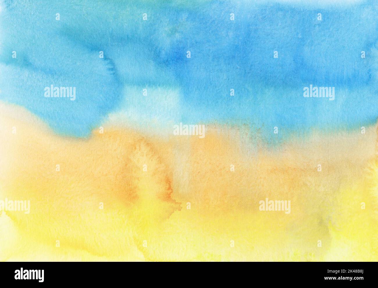 Watercolor bright yellow and blue background texture. Watercolour ombre backdrop. Stains on paper, hand painted. Stock Photo