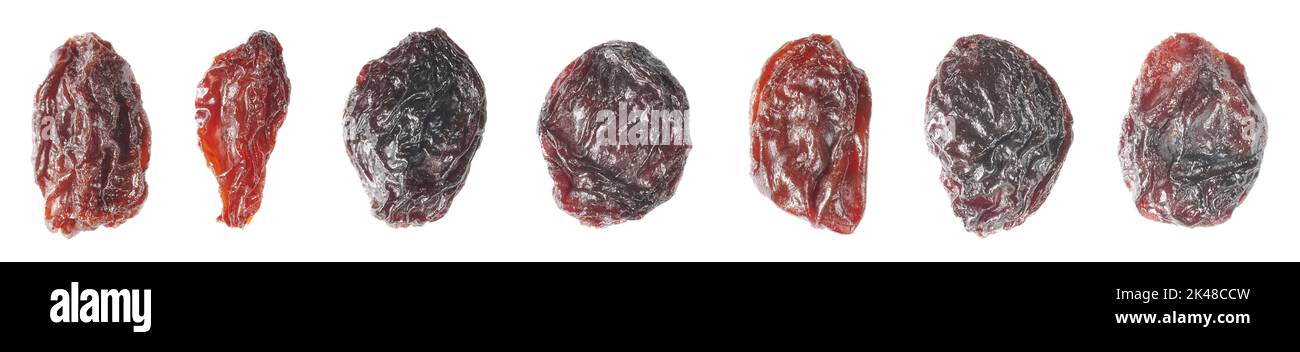 Raisins close up picture, isolated on white background, selective focus. Stock Photo