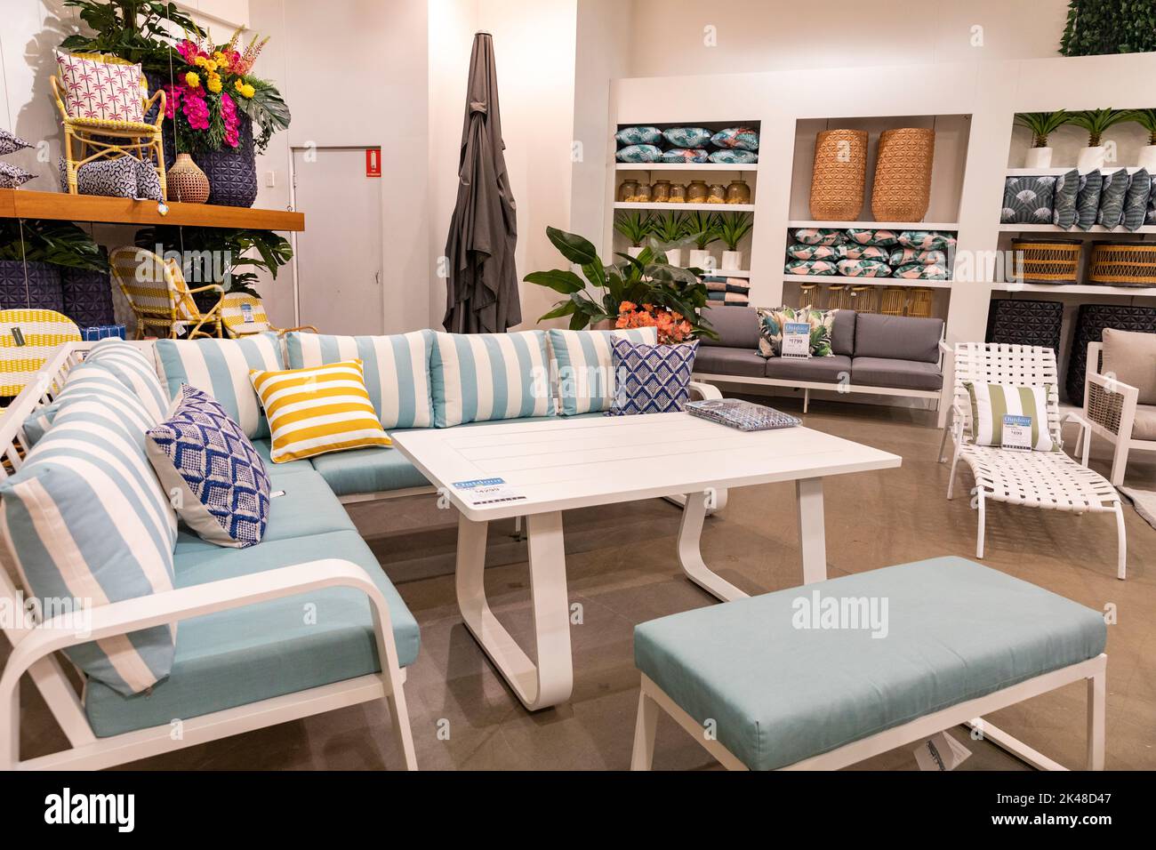 Outdoor furniture table and chairs in Domayne Harvey Norman furniture store in Belrose,Sydney,NSW,Australia,2022 Stock Photo