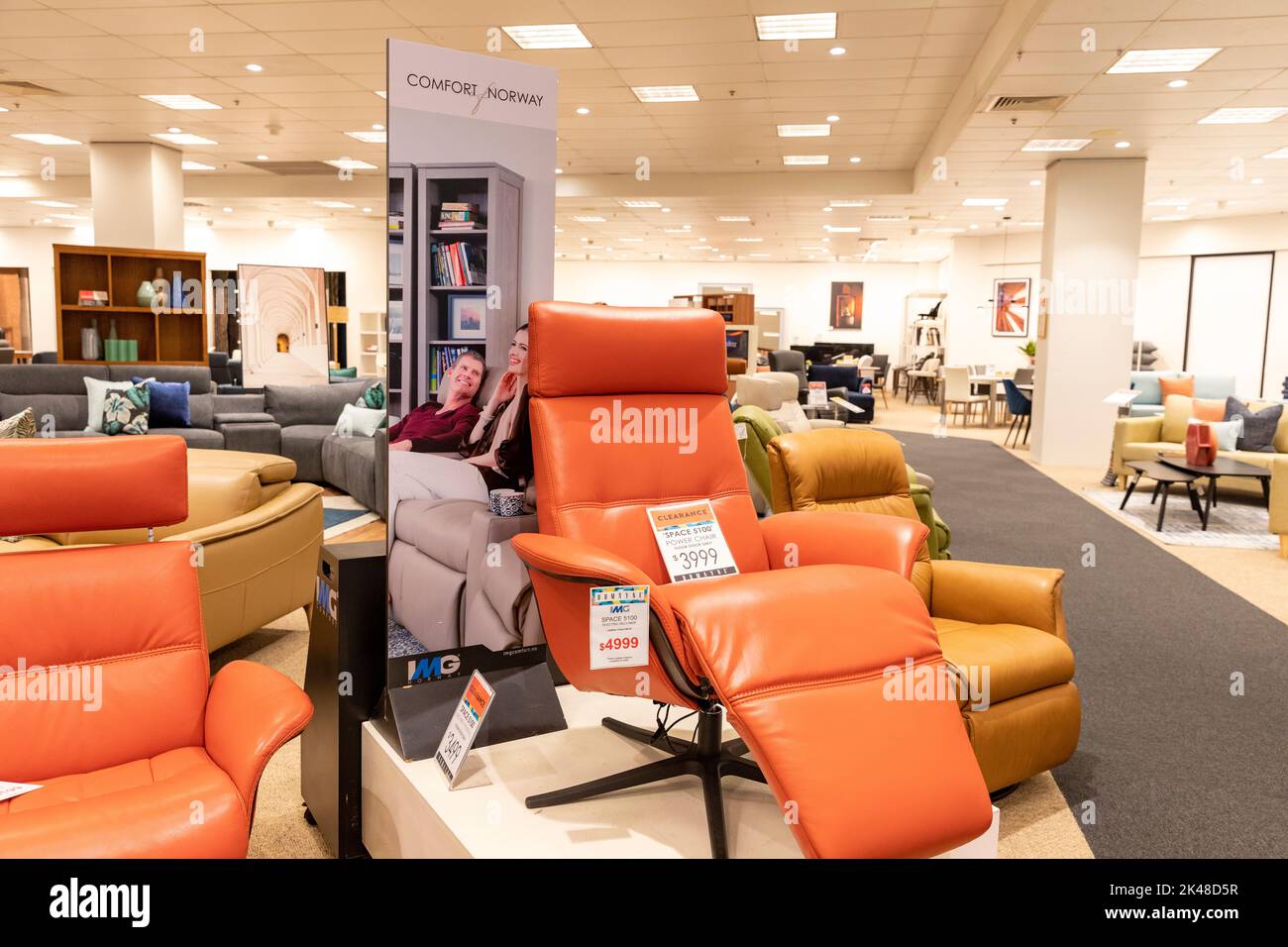 Harvey Norman Domanye furniture store in Sydney selling sofas and recliner chairs including comfort Norway space 5100 chair,NSW,Australia Stock Photo