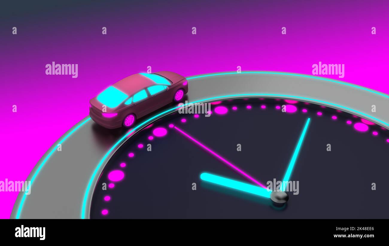 neon car rides on the clock face. 3d rendering Stock Photo Alamy