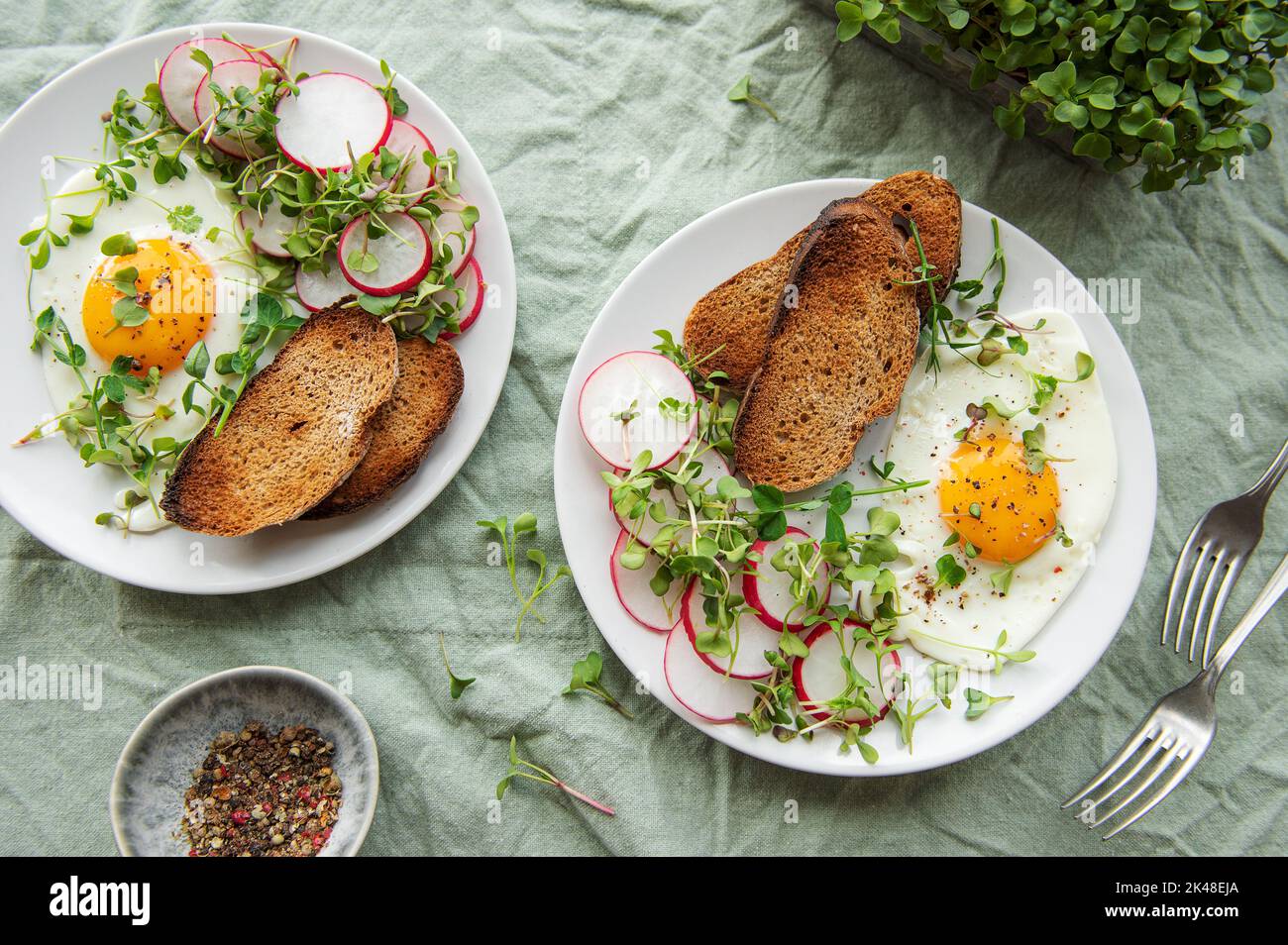 Delicious gourmet Breakfast. Rye bread with fried egg, freshly ground