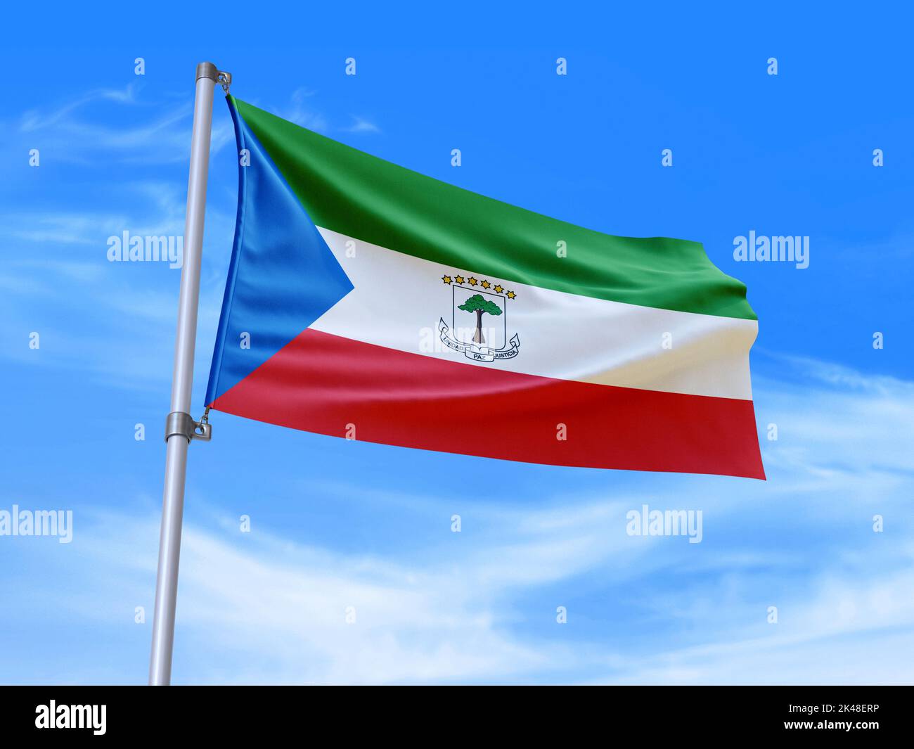 Beautiful Equatorial Guinea flag waving in the wind with sky background - 3D illustration - 3D render Stock Photo