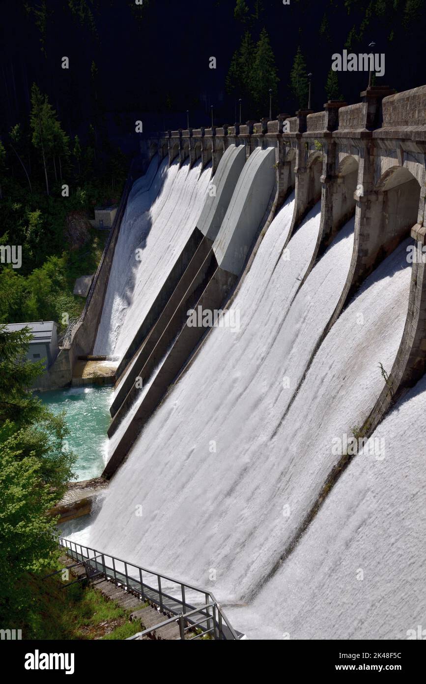 Dam of the lake of Auronzo called Santa Caterina, the name derives from a chapel of 1500 placed next to the dam and dedicated to the Saint. Stock Photo