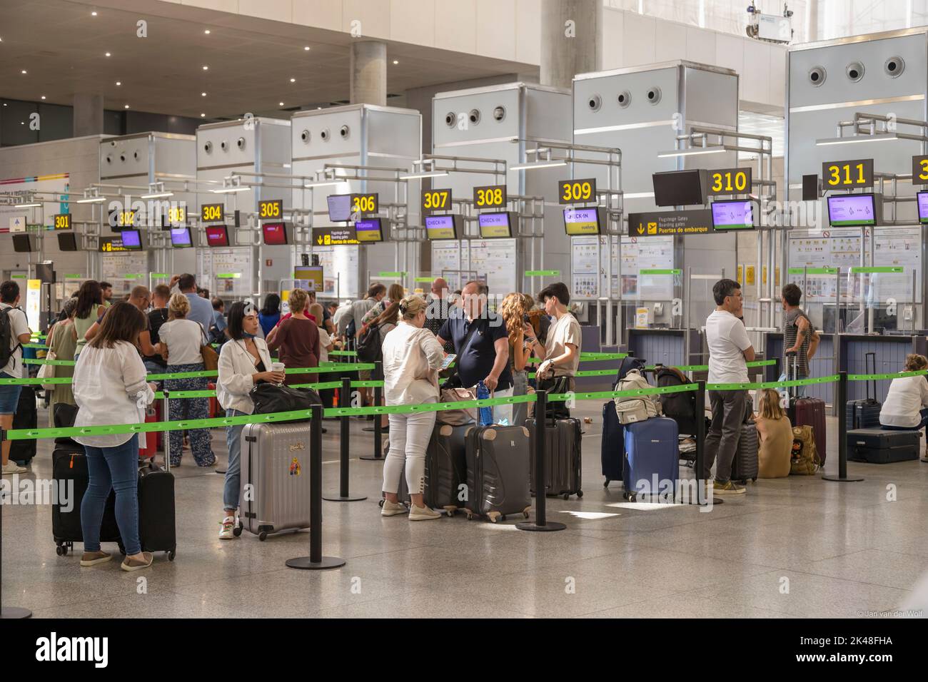 Travelers with suitcases queuing for check-in at Malaga Airport counters. Stock Photo