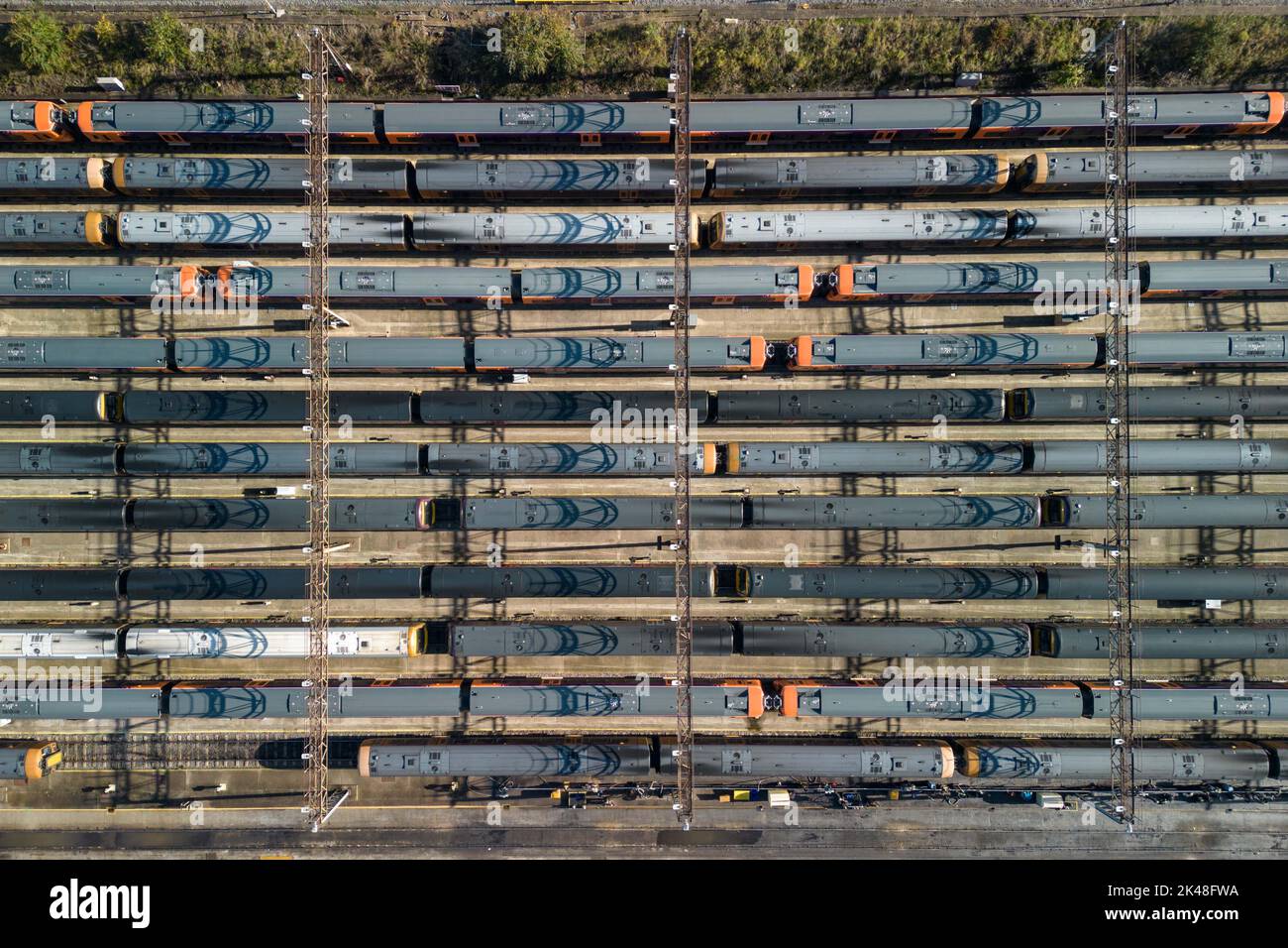 Tyseley, Birmingham, UK. October 1st 2022 - Unused and parked West Midlands Railway trains at the Tyseley train maintenance depot in Birmingham as rail workers take part in continued strike action. Pic by Credit: Scott CM/Alamy Live News Stock Photo