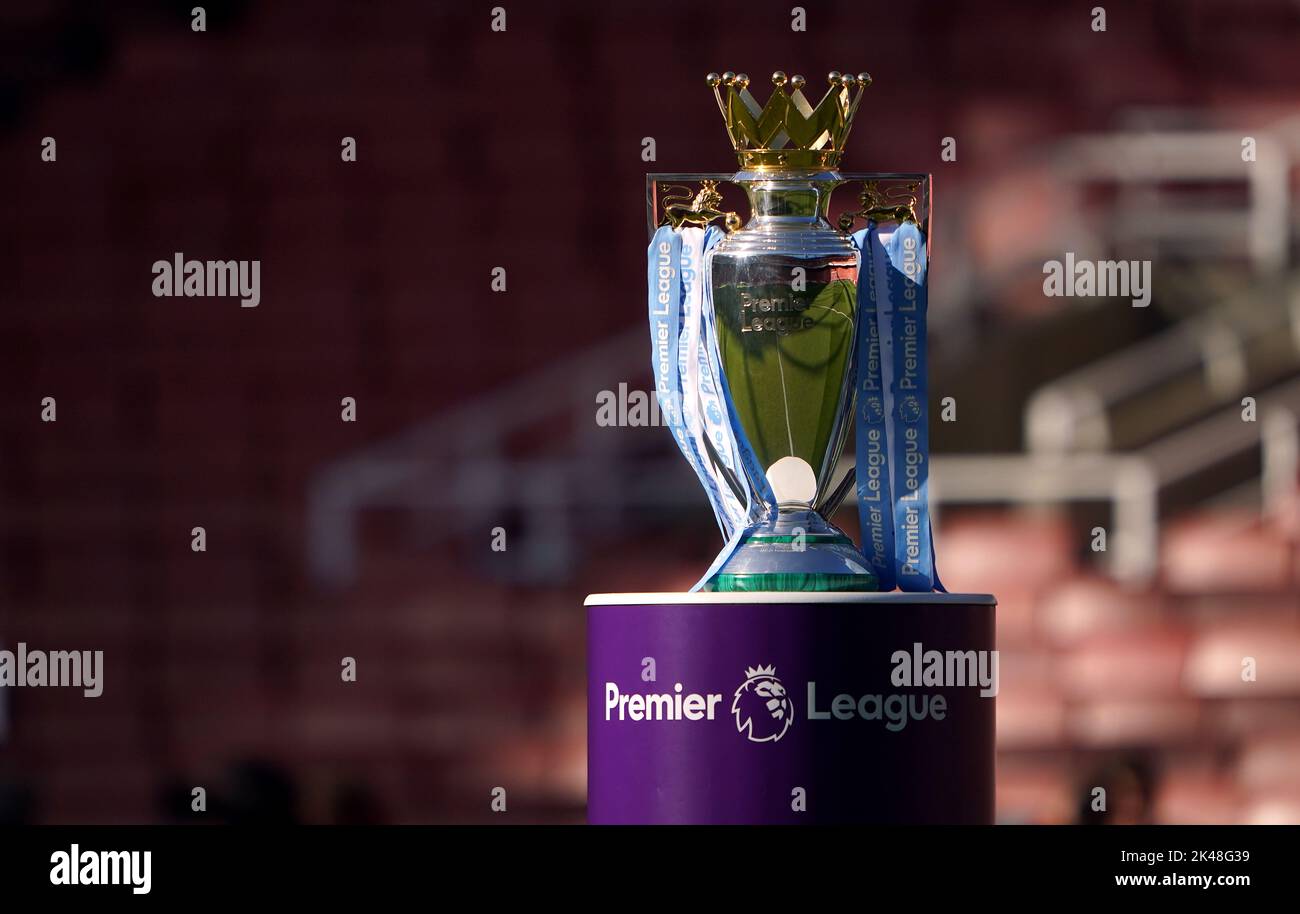 The Premier League trophy on display ahead of the Premier League match at the Emirates Stadium, London. Picture date: Saturday October 1, 2022. Stock Photo