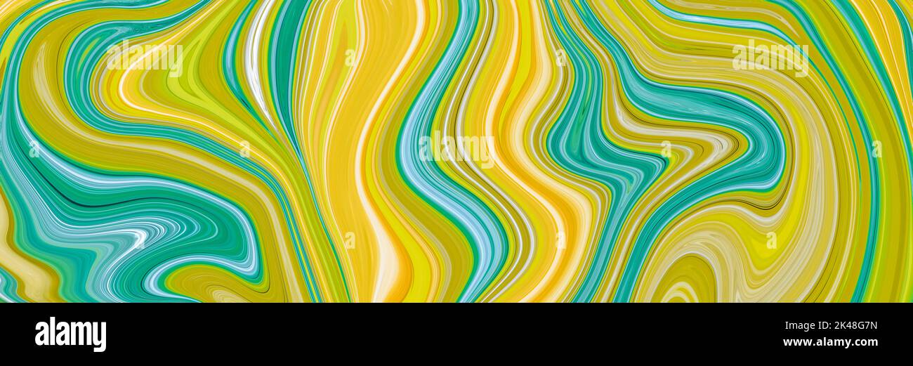 Multicolor digital abstract background, curved shapes. Bright yellow and blue painted texture. Wide banner, creative fun design. Modern panoramic back Stock Photo