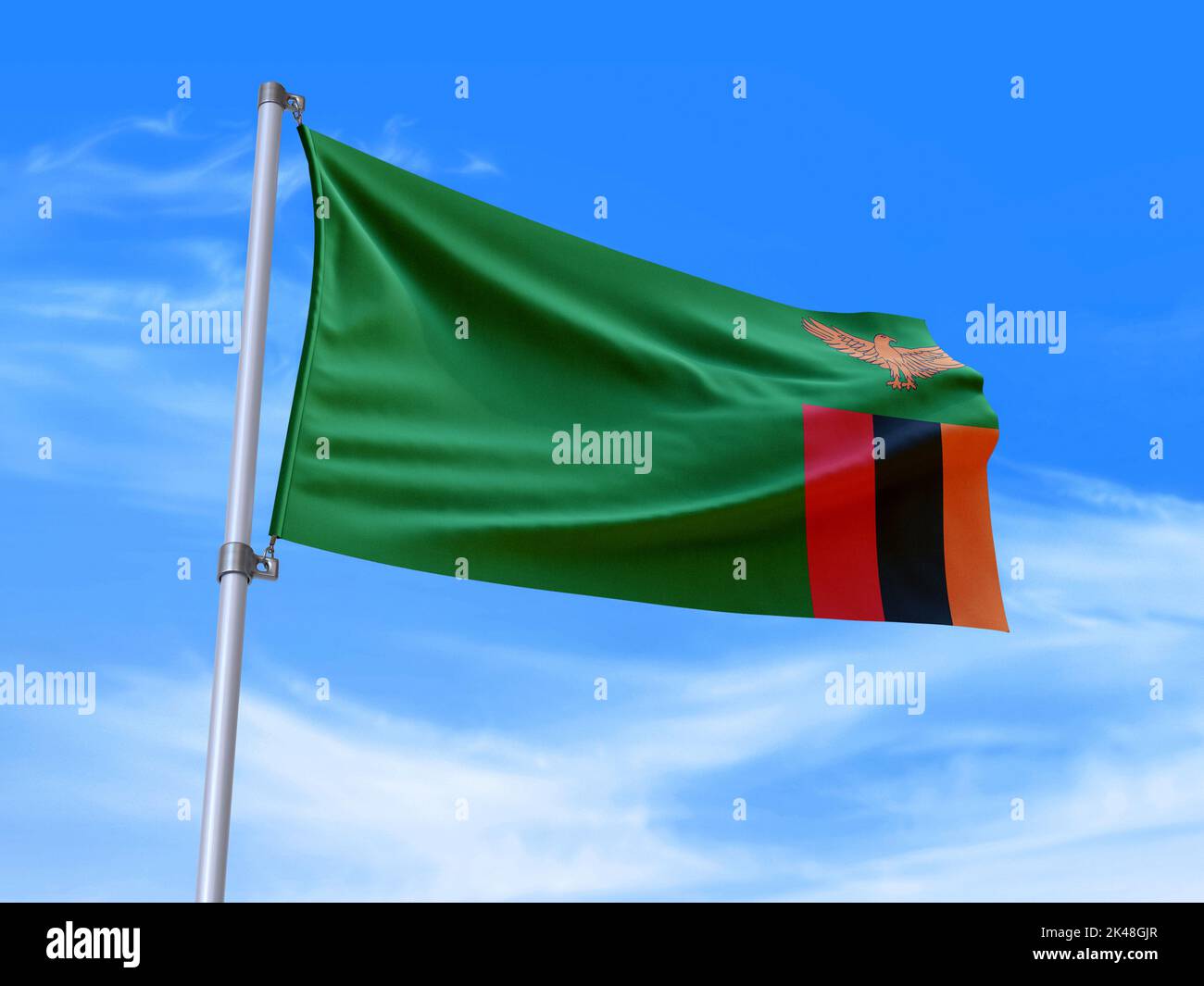 Beautiful Zambia flag waving in the wind with sky background - 3D ...