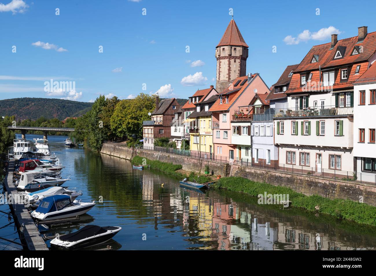 Monumental old watchtower along the river Tauber in the small town of Wertheim am Main, Germany. Stock Photo