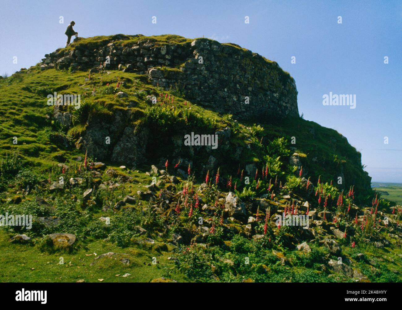 View SE of the exterior of Dun Beag Iron Age broch situated on a rocky knoll at Struanmore overlooking Loch Bracadale, Isle of Skye, Scotland, UK. Stock Photo