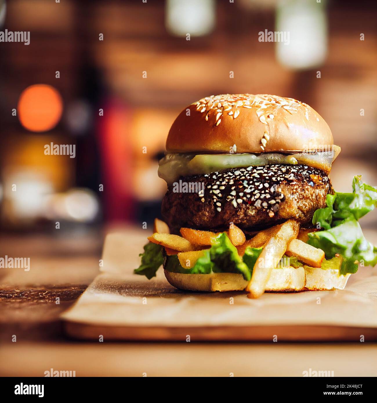 Grilled burger on blurred background, american fast food meal Stock