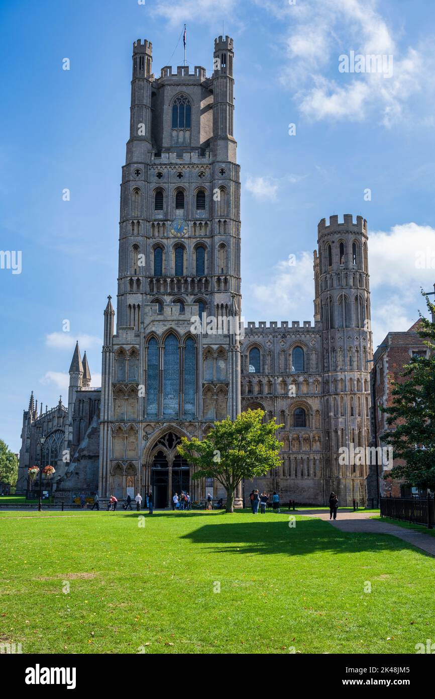 West elevation of Ely Cathedral viewed from Cathedral Green in Ely, Cambridgeshire, England, UK Stock Photo