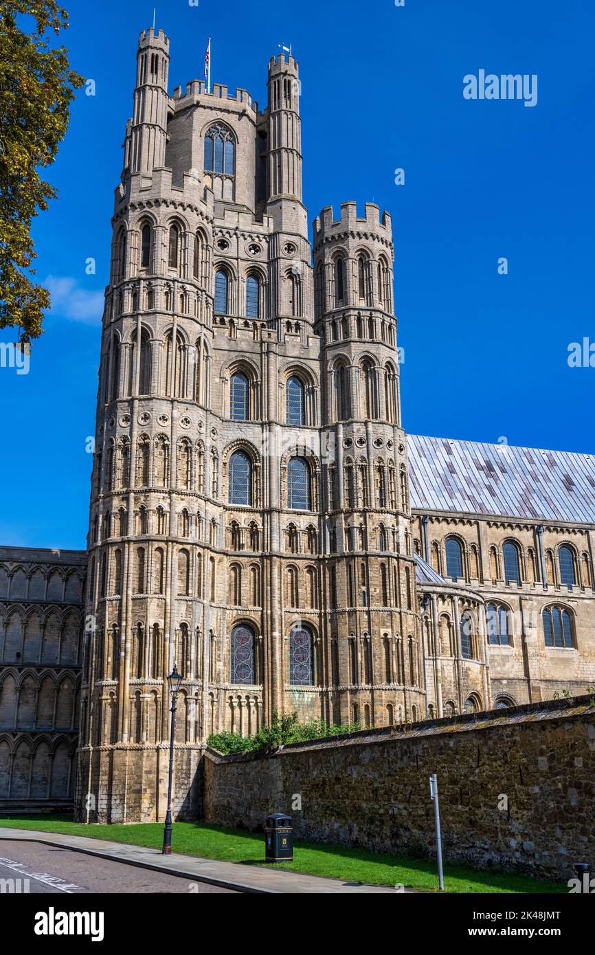 West tower of Ely Cathedral viewed from the road called The Gallery in Ely, Cambridgeshire, England, UK Stock Photo