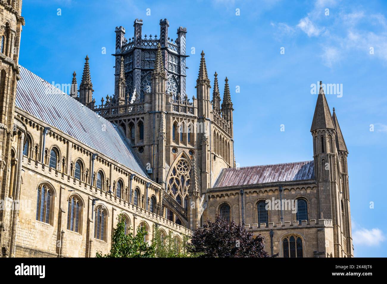 Central octagonal tower and south elevation of Ely Cathedral in Ely, Cambridgeshire, England, UK Stock Photo